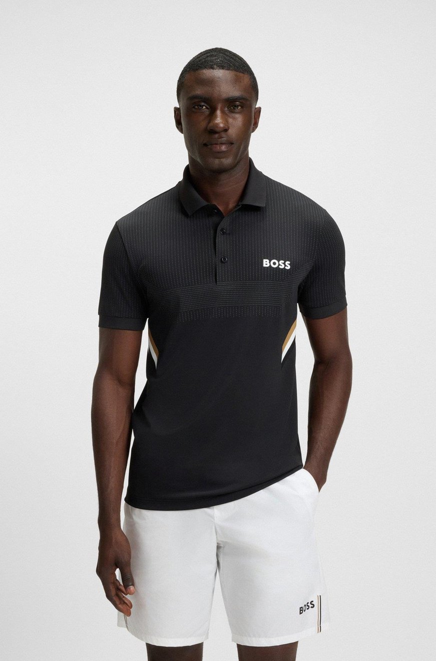BOSS  BOSS Erkek Nem Yönetimi Sağlayan Aktif Kumaş Dar Kalıp Marka İmza Çizgili Kısa Kollu Siyah Polo Yaka T-Shirt 50543349-001