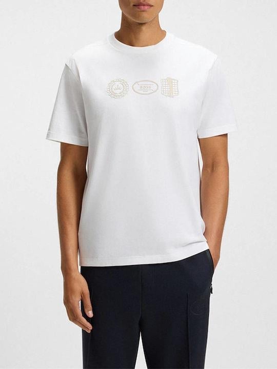 BOSS  BOSS Erkek Normal Kalıp Yuvarlak Yakalı Pamuklu Desenli Kısa Kollu Beyaz T-Shirt 50543874-100