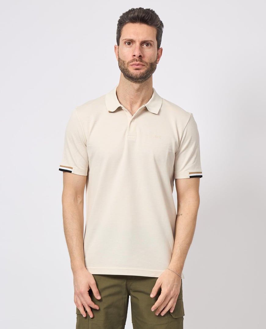 BOSS BOSS Erkek Pamuklu Polo Yakalı Düğme Kapamalı Kısa Kollu Bej Polo Yaka T-Shirt 50467113-131