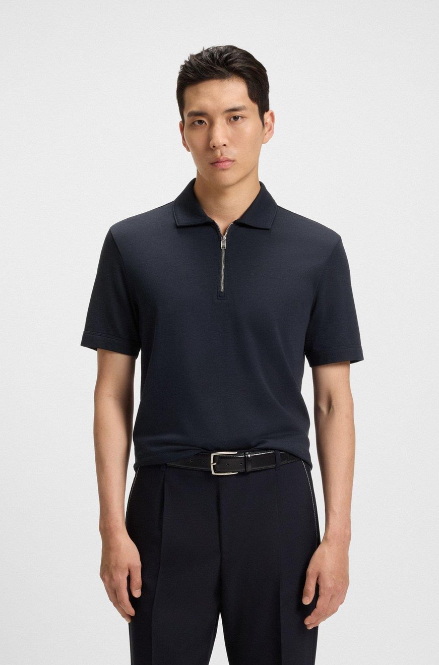 BOSS  BOSS Erkek Regular Fit Pike Dokuma Kumaş Kısa Kollu Yarım Fermuarlı Lacivert Polo Yaka T-Shirt 50544091-404