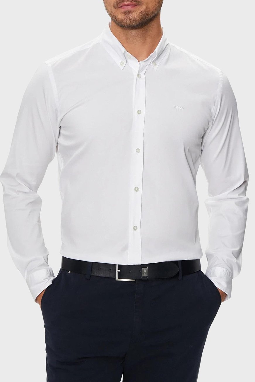 BOSS BOSS Erkek Slim Fit Uzun Kollu Logo Desenli Beyaz Gömlek 50520291-100