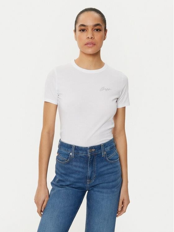 BOSS BOSS Kadın Dokuma Kumaş Dar Kalıp Yuvarlak Yakalı Kısa Kollu Beyaz1 T-Shirt 50535322-101