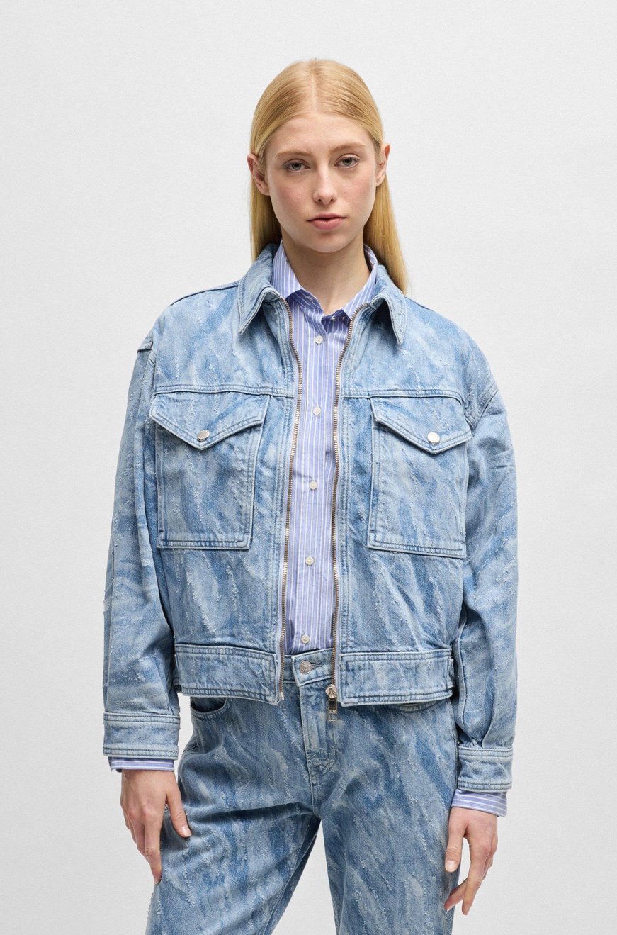 BOSS BOSS Kadın Eskitme Desenli Cep Detaylı Fermuar Kapamalı Denim Bomber Mavi Ceket 50529985-416