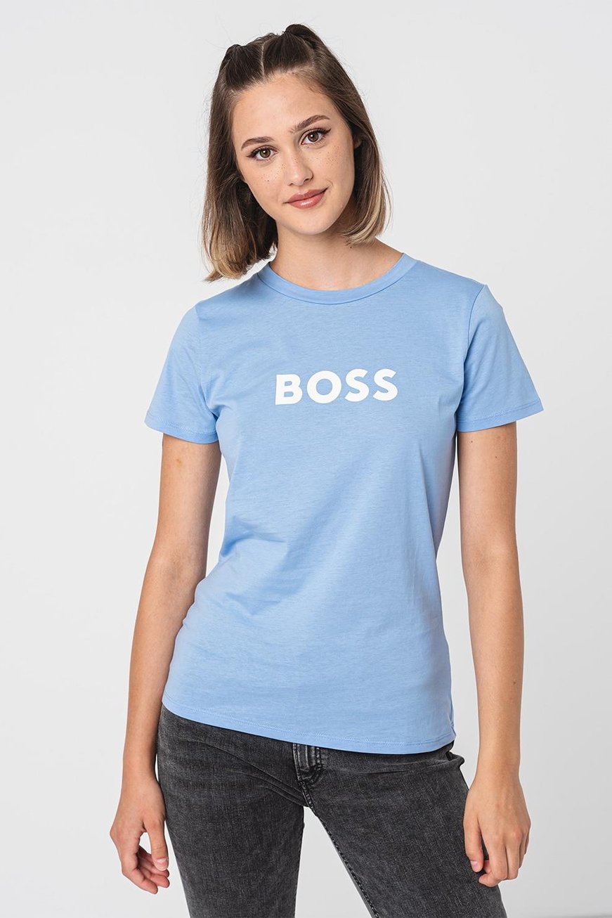 BOSS BOSS Kadın Marka Logolu Kısa Kol Yuvarlak Yaka Mavi T-Shirt 50501139-436