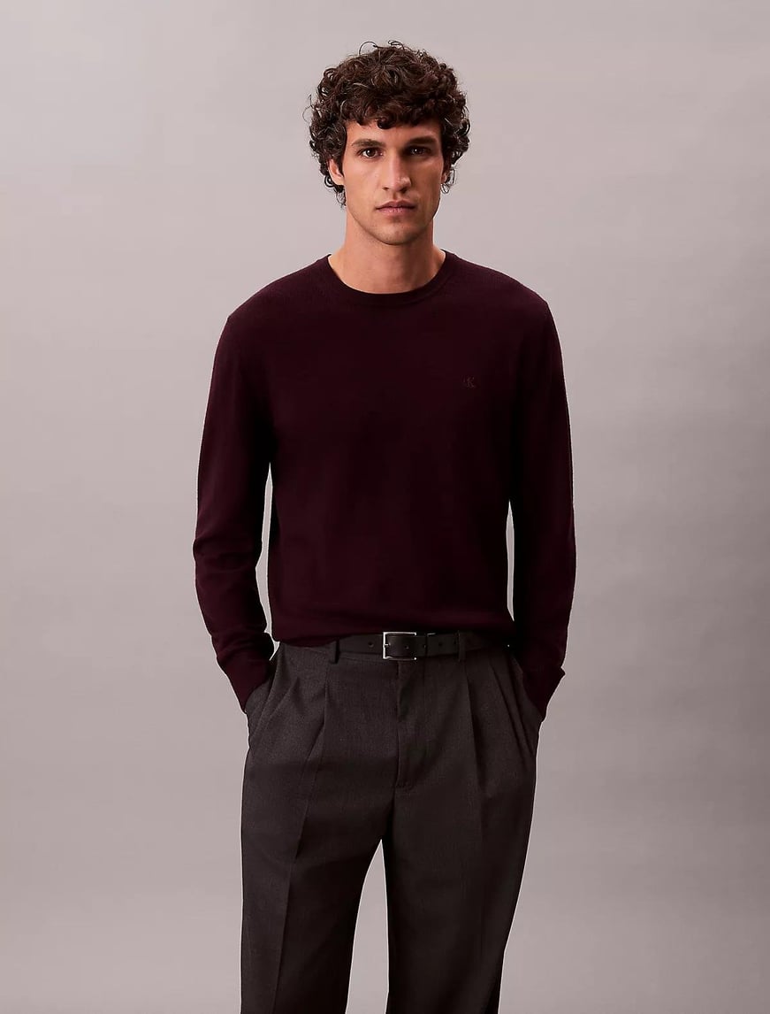 Calvin Klein Calvin Klein Erkek %100 Yün Normal Kalıp Ribanalı Yuvarlak Yaka Ck Logo Kabartmalı Uzun Kollu Örme Bordo Kazak LV04LB305G-GR9