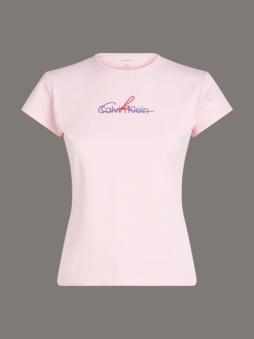 Calvin Klein Calvin Klein Kadın Normal Kalıp Yuvarlak Yaka İşlemeli Logo Desenli Kısa Kollu Pembe T-Shirt LV047B828G-7UD