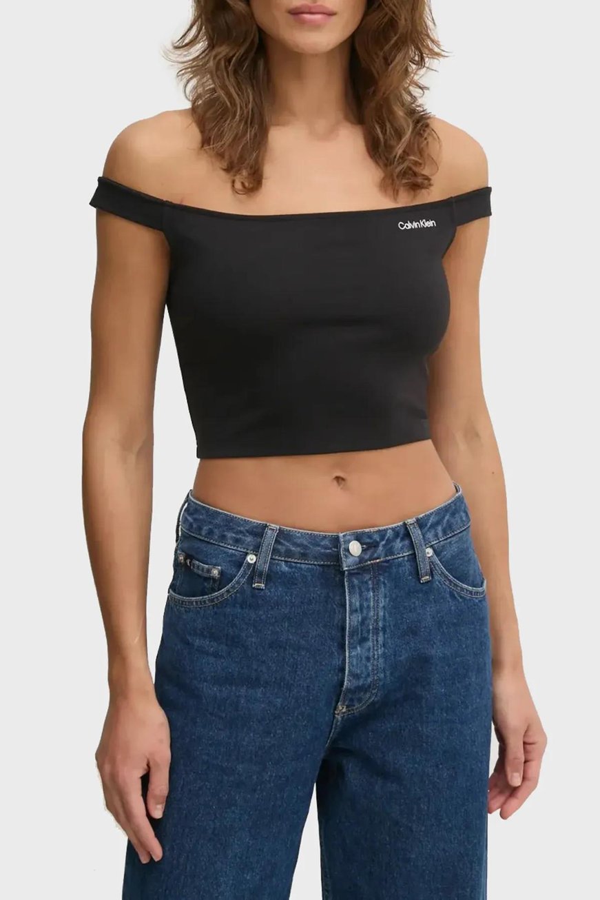 Calvin Klein Calvin Klein Kadın Slim Fit Dokuma Kumaş Kayık Yaka Crop Siyah Bluz J20J225542-BEH