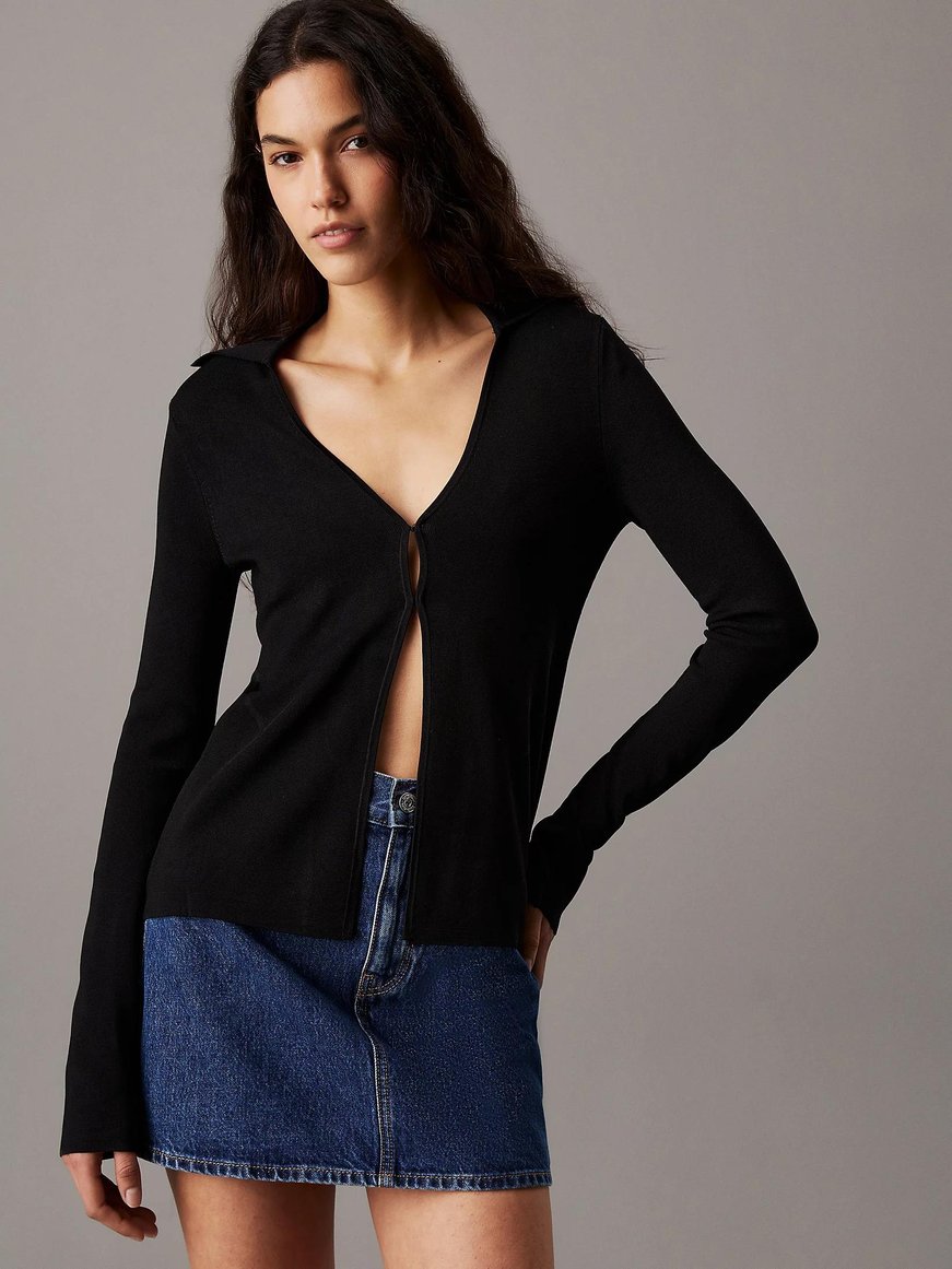 Calvin Klein Calvin Kleın Kadın Slim Fit Düğme Kapamalı Çentikli Yaka Uzun Kollu Siyah Hırka J20J224800-BEH