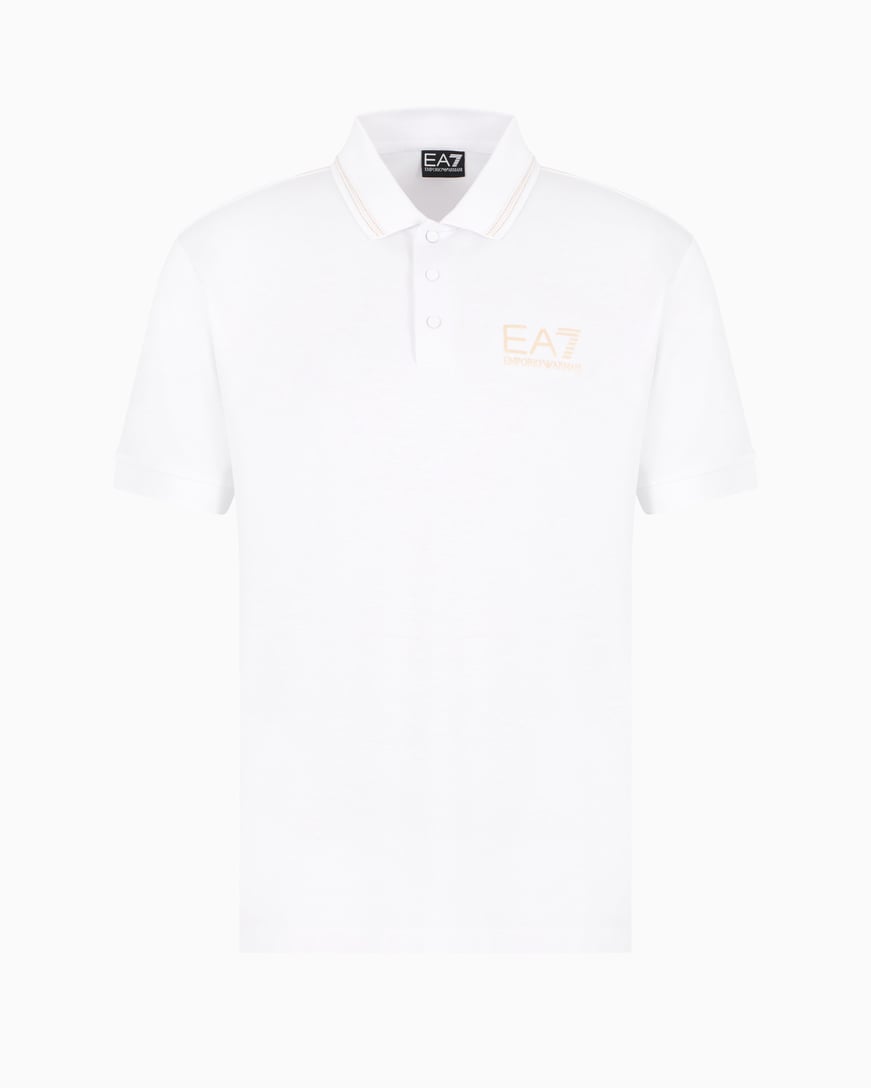 Ea7 Ea7 Erkek Slim Fit Şerit Detaylı Polo Yaka Gold EA7 Logolu Kısa Kollu Beyaz Polo Yaka T-Shirt 7M000300 AF13739-U0002