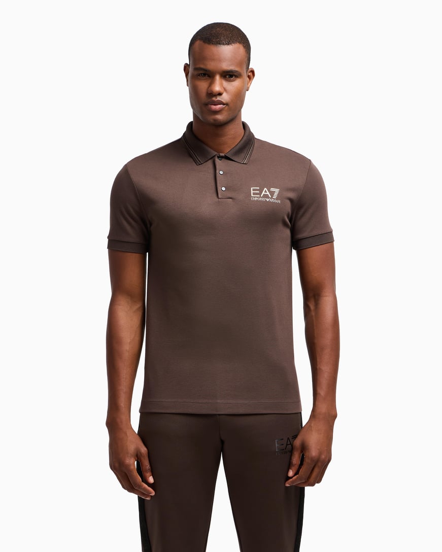 Ea7 Ea7 Erkek Slim Fit Şerit Detaylı Polo Yaka Gold EA7 Logolu Kısa Kollu Kahverengi Polo Yaka T-Shirt 7M000300 AF13739-U6139