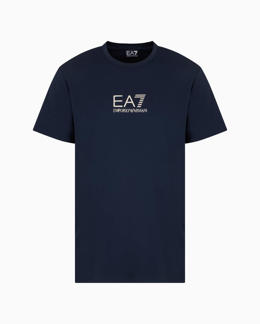 Ea7 Ea7 Erkek Slim Fit Yuvarlak Yakalı Gold Kaplamalı Kontrast EA7 Logolu Mavi T-Shirt 7M000301 AF13739-UB102