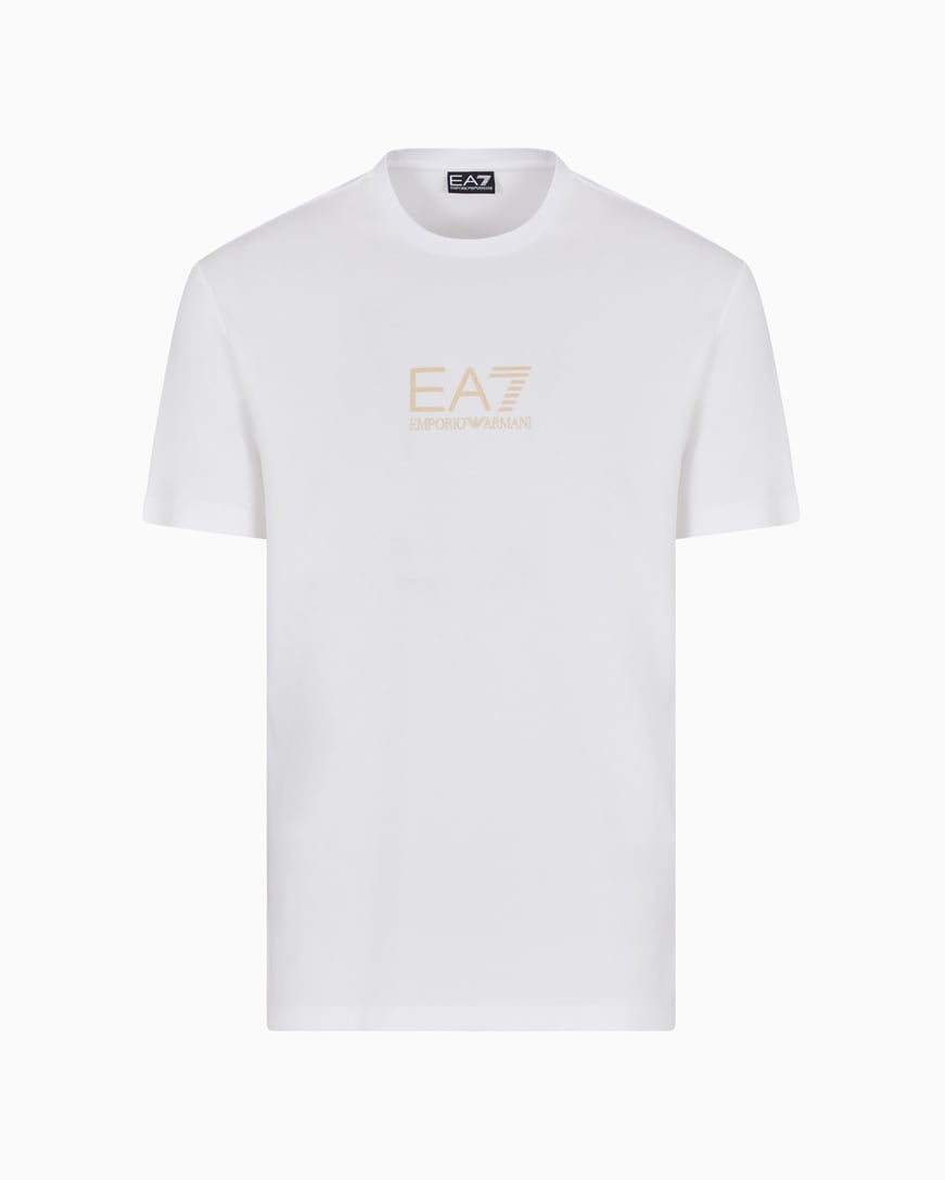 Ea7 Ea7 Erkek Slim Fit Yuvarlak Yakalı Gold Kaplamalı Kontrast EA7 Logolu Beyaz T-Shirt 7M000301 AF13739-U0002