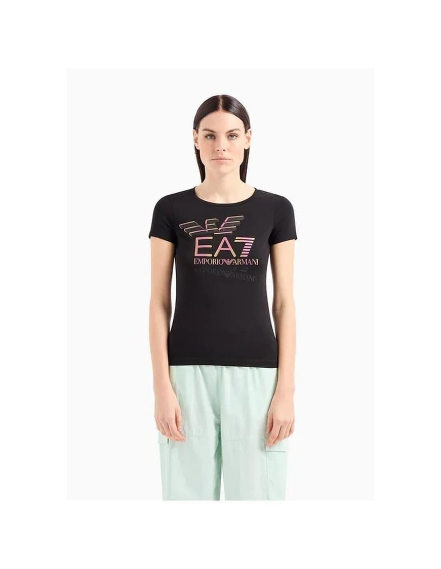 Ea7 Ea7 Kadın Dokuma Kumaş Düz Bisiklet Yaka Siyah T-Shirt 7W000182 AF10373-UC001