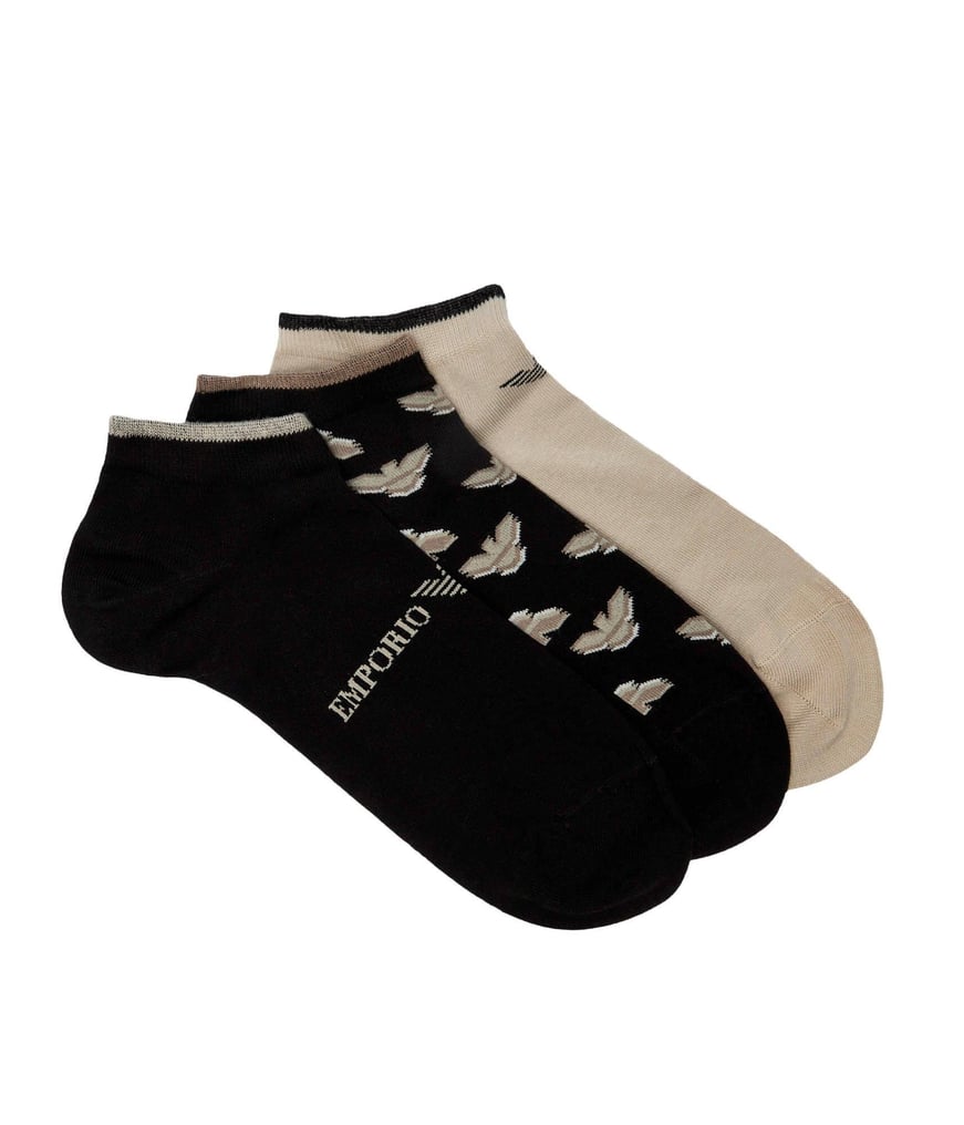 EMPORIO ARMANI Emporıo Armani Erkek Esnek Pamuklu Kumaş Bilek Boyunda Jakarlı 3'lü Siyah-Bej Çorap EM000549 AF13202-M1042