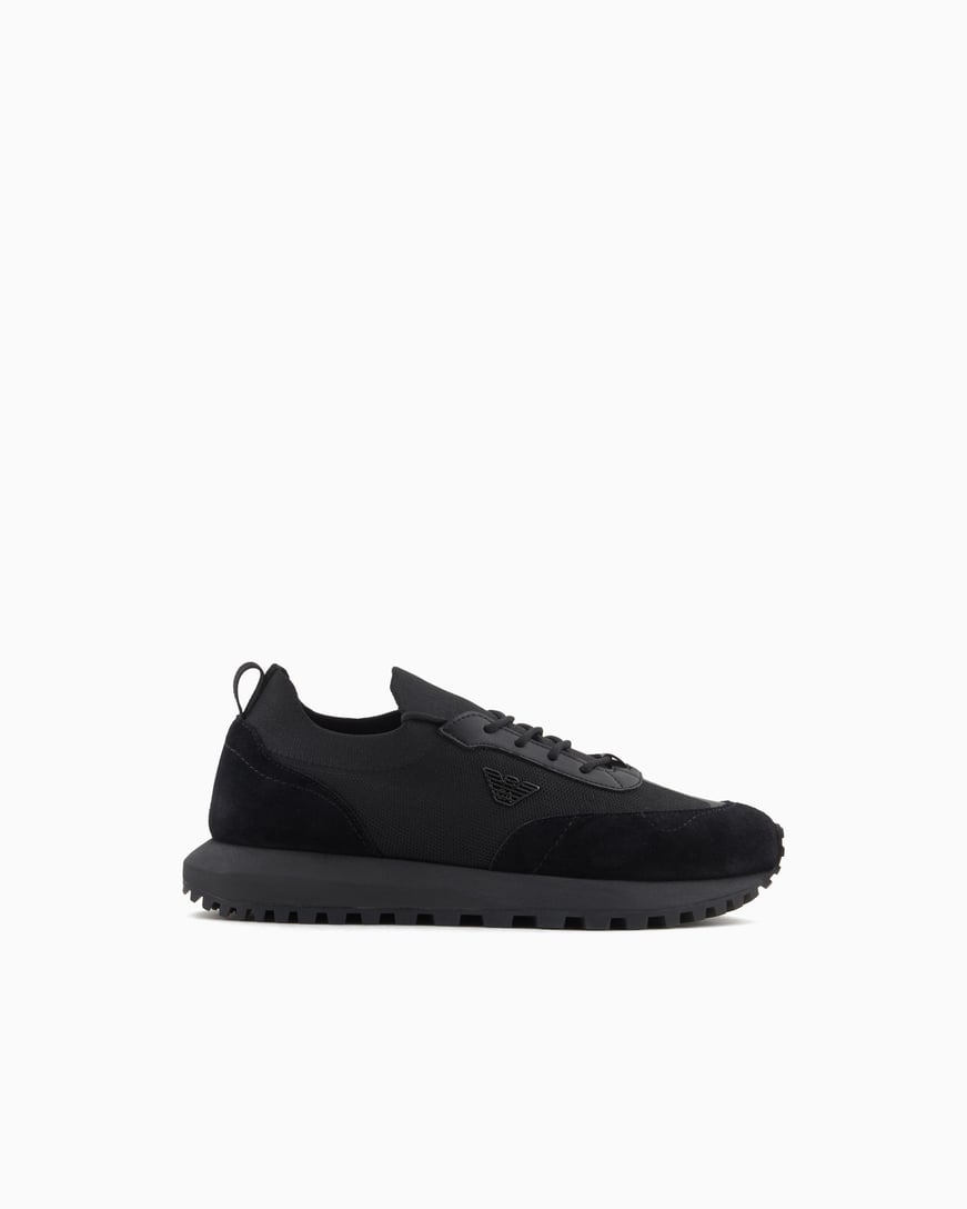 EMPORIO ARMANI Emporıo Armani Erkek Örme ve Süet Detaylı Burunlu Kartal Logolu Yuvarlak Siyah Sneaker EM003739 AF19724-MC005