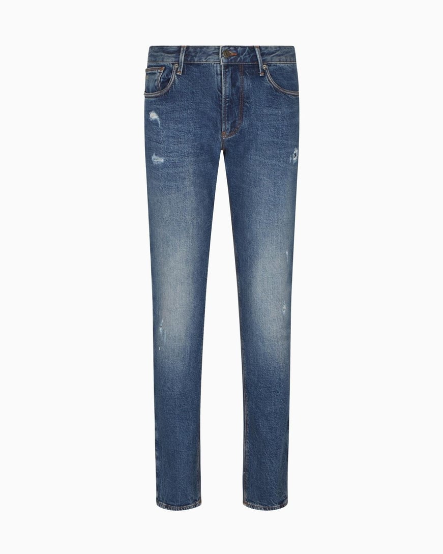 Emporio Armani Emporıo Armani Erkek Slim Fit Eskitme Desenli Esnek Pamuklu Dar Paça Denim Mavi Pantolon EM000121 AF17795-MB002