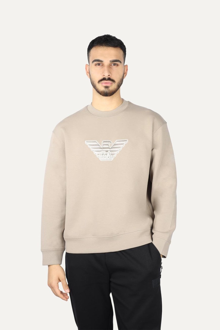 EMPORIO ARMANI Emporıo Armani Erkek Yuvarlak Yaka Regular Fit Dokuma Kumaş Baskılı Uzun Kollu Bej Sweatshirt EM001052 AF10013-M6116