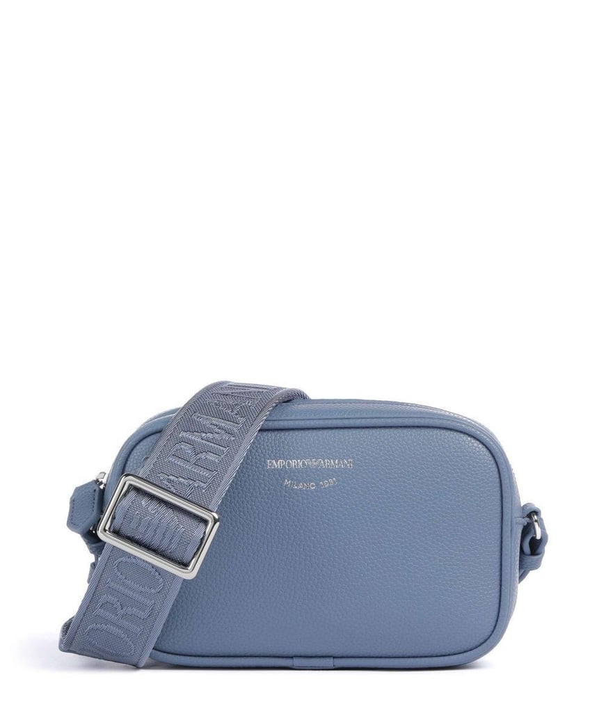 EMPORIO ARMANI Emporıo Armani Kadın Deri Tek Fermuar Kapamalı Askı Marka Yazı Desenli Mavi-Gri Omuz Çantası EW000537 AF12036-M8128