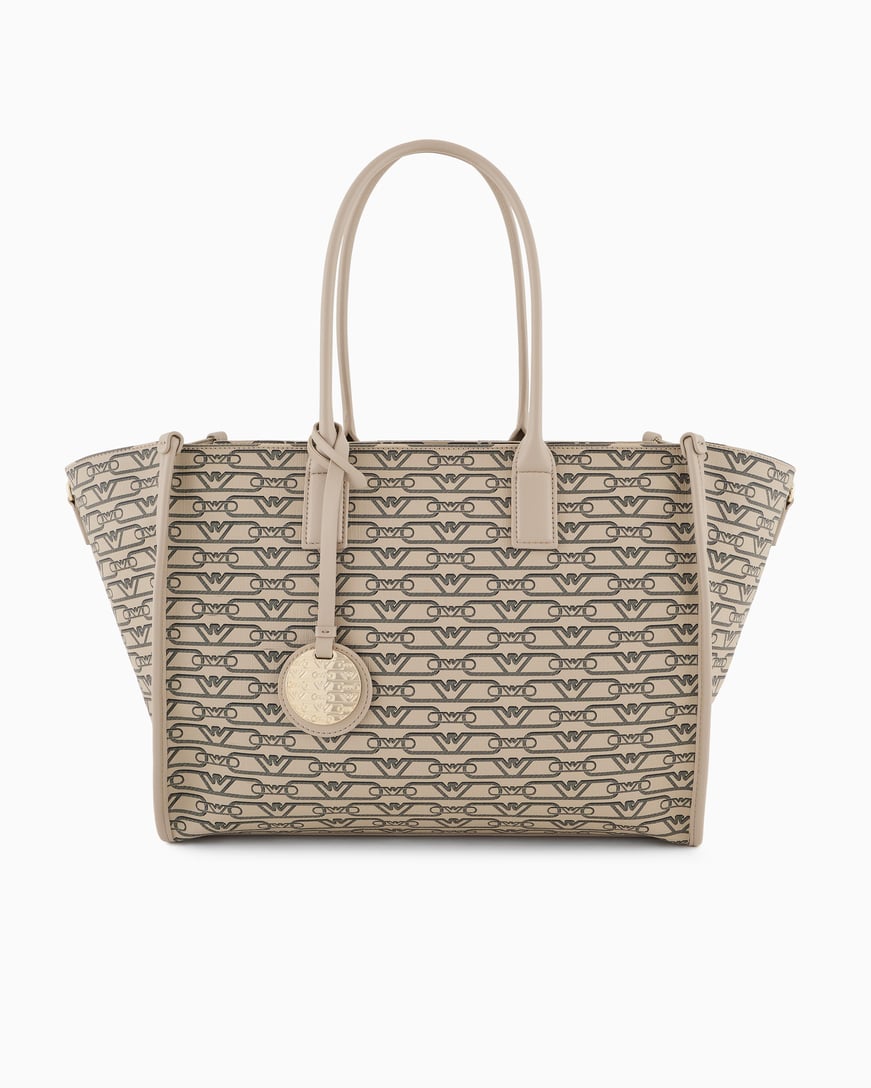 EMPORIO ARMANI Emporıo Armani Kadın Fermuarla Kapanır Ve Tek Bir Ana Bölmeli Logo Desenlii Bej Omuz Çantası EW000370 AF11951-F1074