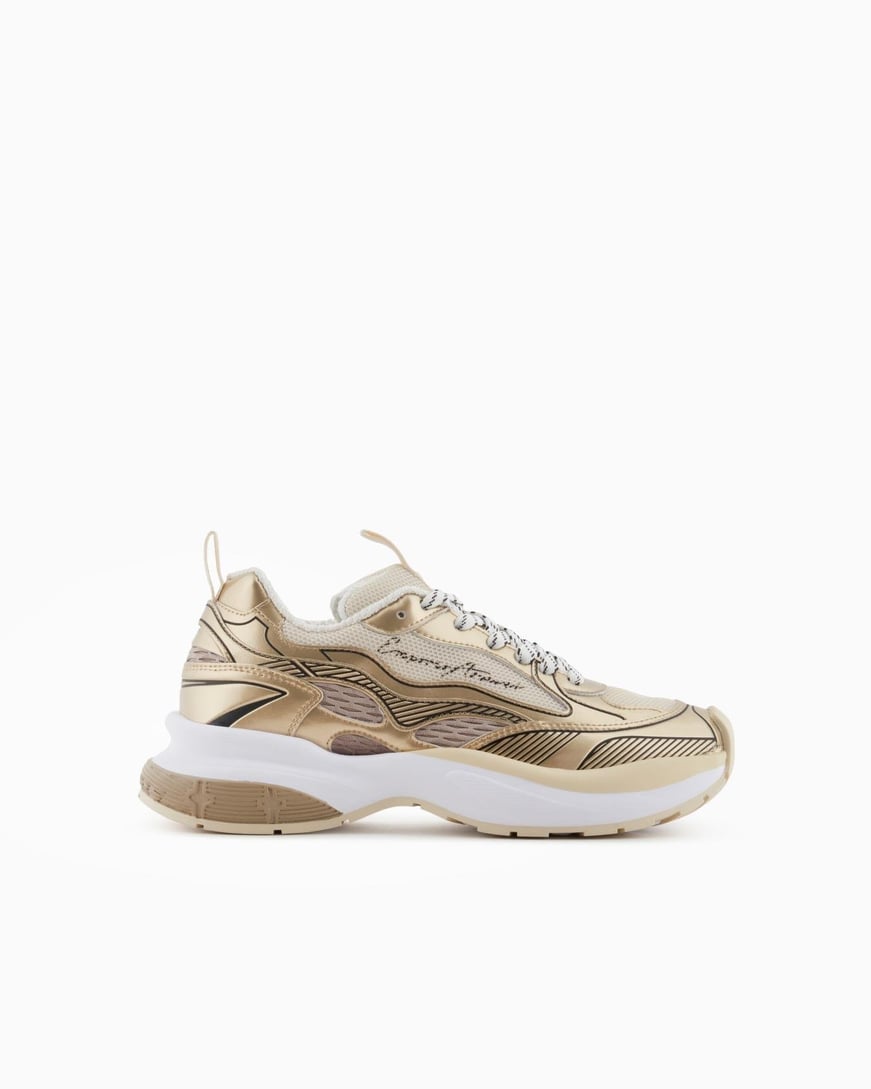 EMPORIO ARMANI Emporıo Armani Kadın Kalın Taban Şerit Çizgi Desenli Renkli Bağcık Gold Sneaker X3X238 XR388-00194