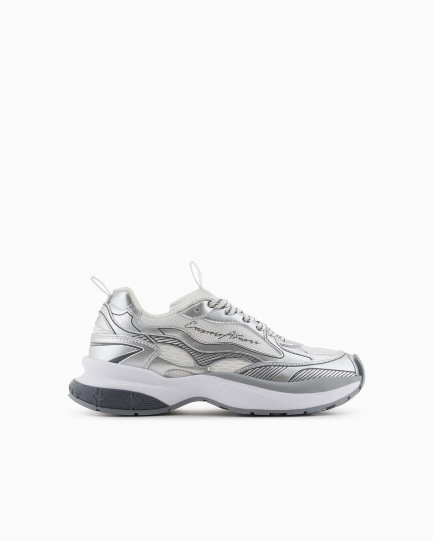 EMPORIO ARMANI Emporıo Armani Kadın Kalın Taban Şerit Çizgi Desenli Renkli Bağcık Gümüş Sneaker X3X238 XR388-00520