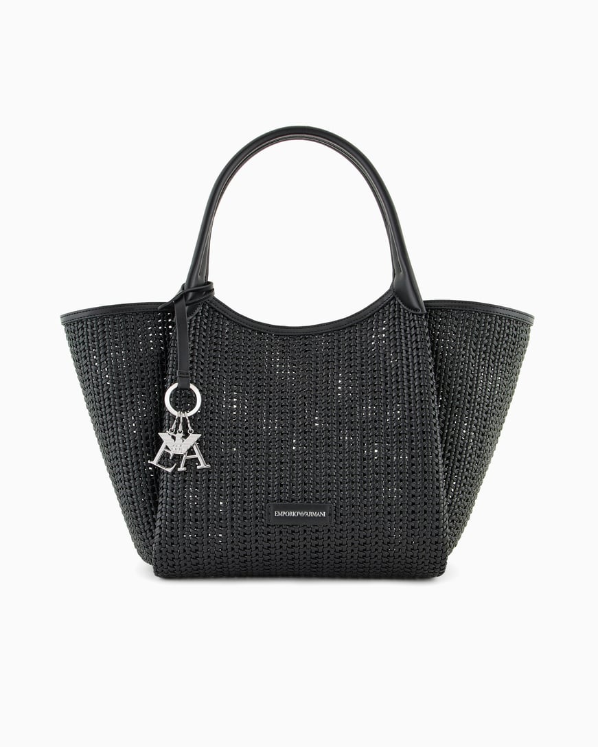 EMPORIO ARMANI Emporıo Armani Kadın Metalik Logo Aksesuarlı Örgü Desenli Çıkarılabilir İç Bölmeli Siyah Omuz Çantası EW001009 AF14309-UC001