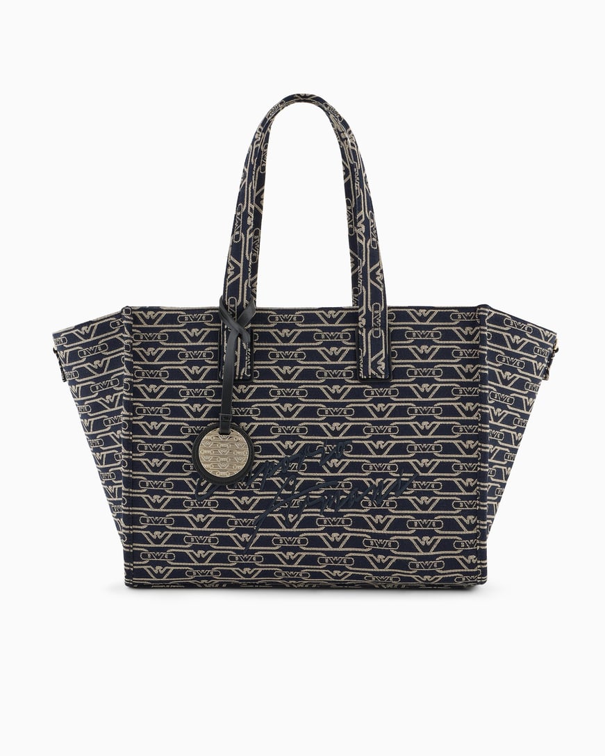 EMPORIO ARMANI Emporıo Armani Kadın Tamamı Monogram Logolu Ayarlanabilir ve Çıkarılabilir Omuz Askılı Orta Boy Jakarlı Kanvas Lacivert Omuz Çantası EW000370 AF12993-FB237