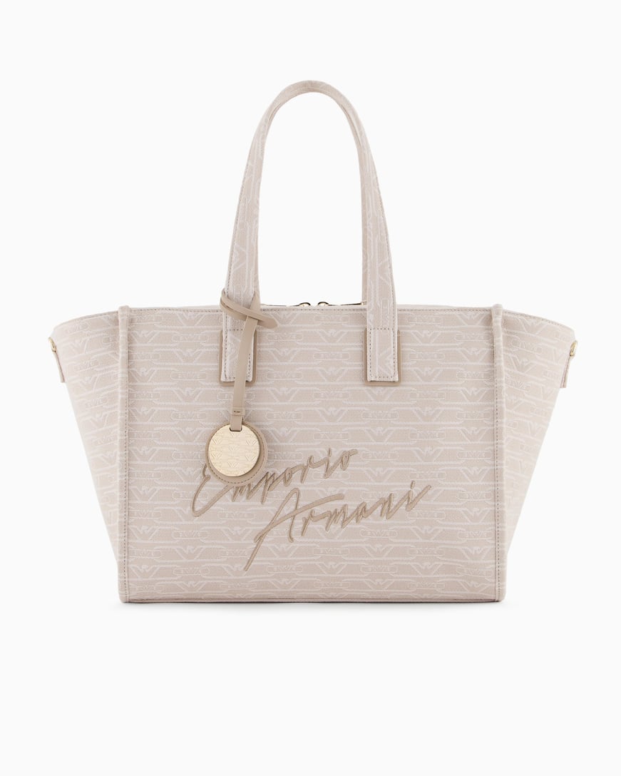 EMPORIO ARMANI Emporıo Armani Kadın Tamamı Monogram Logolu Ayarlanabilir ve Çıkarılabilir Omuz Askılı Orta Boy Jakarlı Kanvas Bej Omuz Çantası EW000370 AF12993-F1073