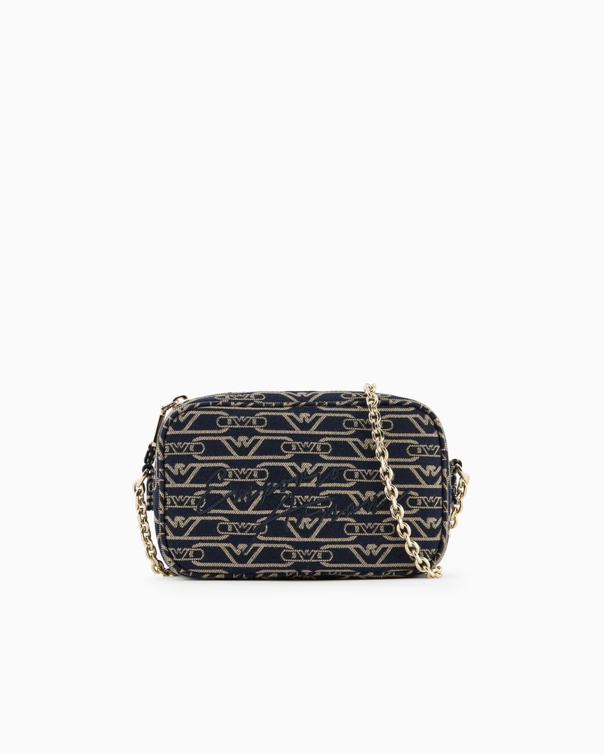 EMPORIO ARMANI Emporıo Armani Kadın Tüm Yüzeyi Monogram Logo Kaplı Jakarlı Ayarlanabilir Zincir Omuz Askılı Kanvas Lacivert Omuz Çantası EW001891 AF16095-FB237