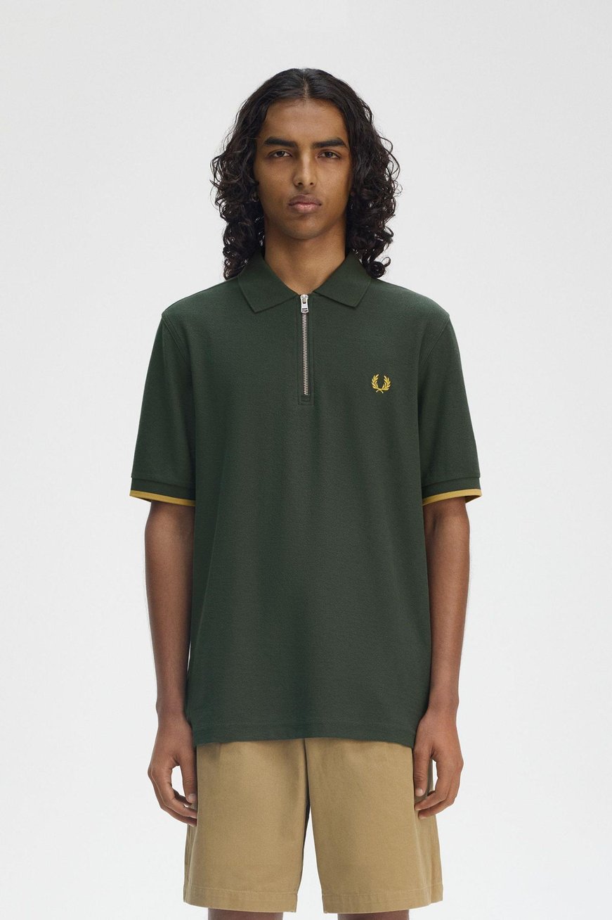 Fred Perry Fred Perry Erkek Regular Fit Fermuar Kapamalı %100 Pamuklu Kısa Kollu Yeşil T-Shirt M9886-X89