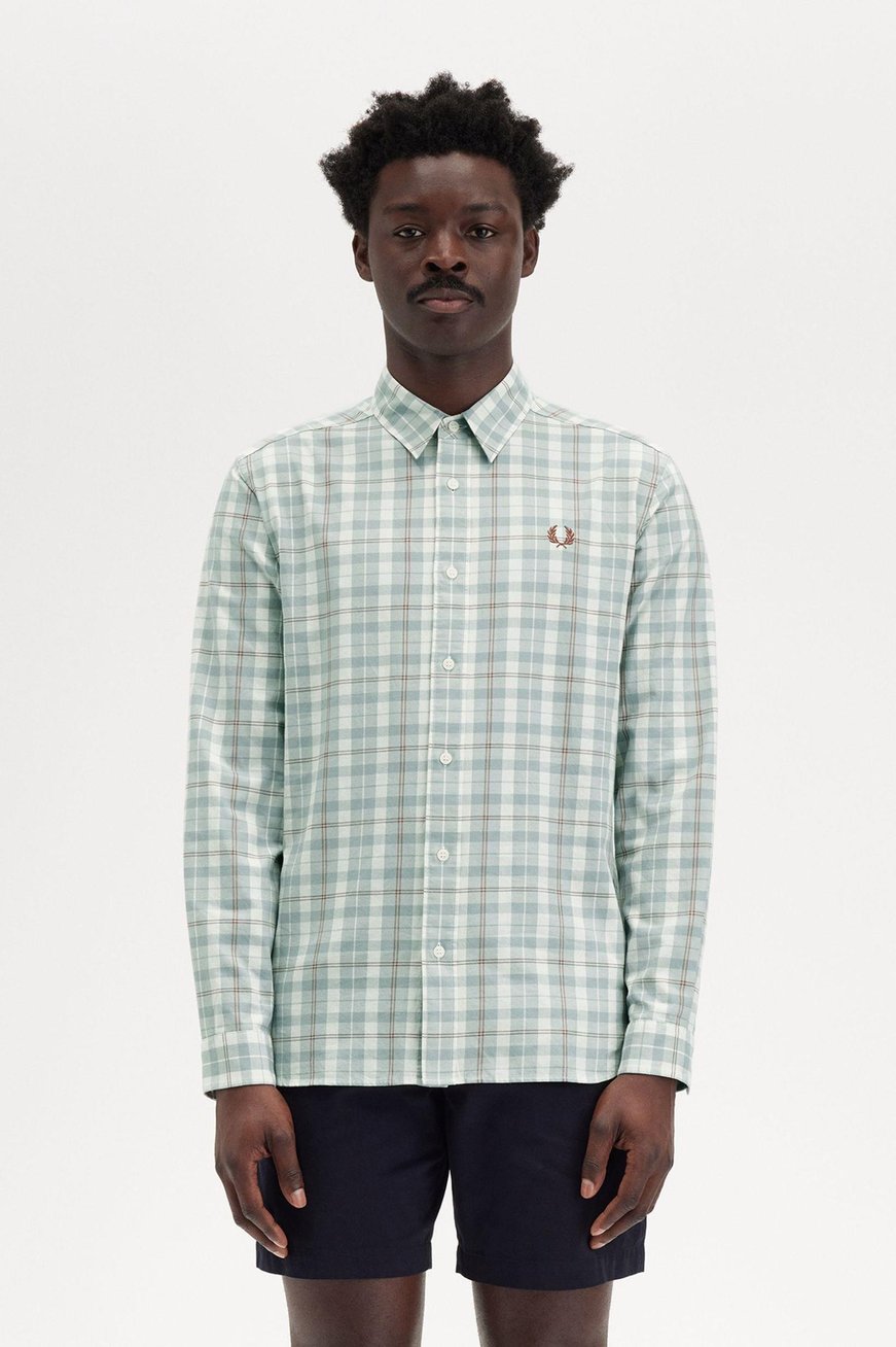 Fred Perry Fred Perry Erkek Regular Fit Ekose Desenli Logo işlemeli %100 Pamuklu Uzun Kollu Ekru Gömlek M9622-560