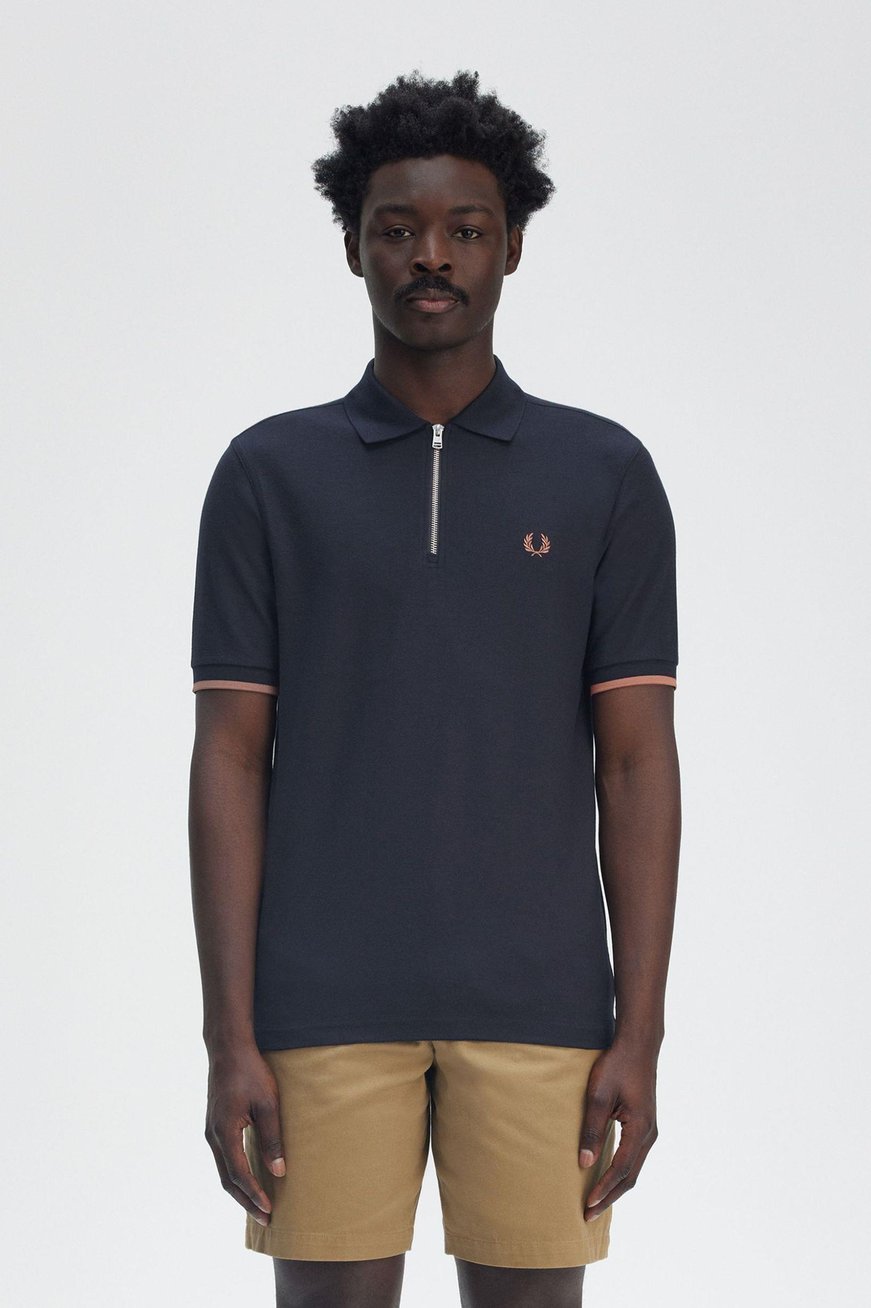 Fred Perry Fred Perry Erkek Regular Fit Fermuar Kapamalı %100 Pamuklu Kısa Kollu Lacivert T-Shirt M9886-608