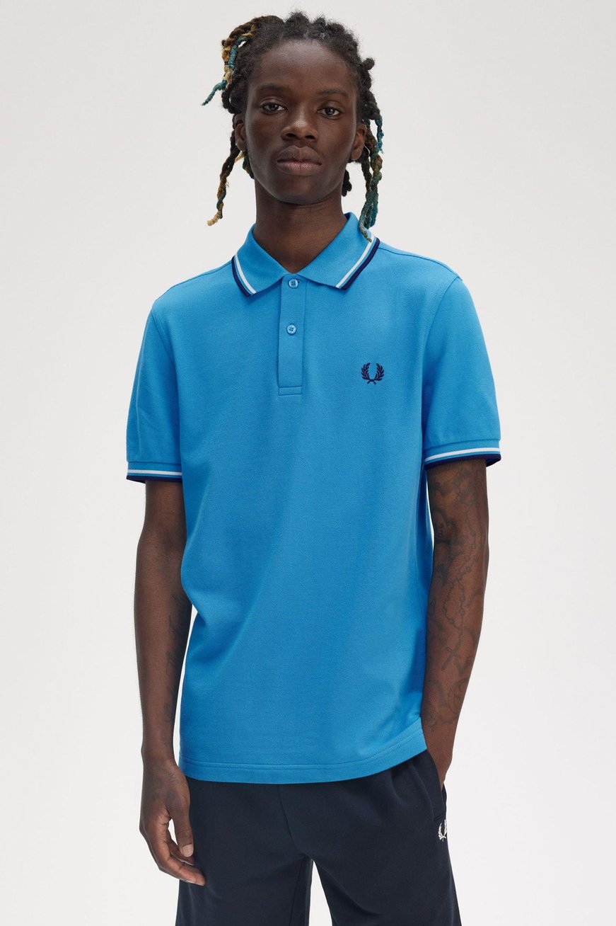Fred Perry Fred Perry Erkek Regular Fit Yakası ve Kolları Çizgi Detaylı %100 Pamuklu Kısa Kollu Mavi T-Shirt M3600-Y27