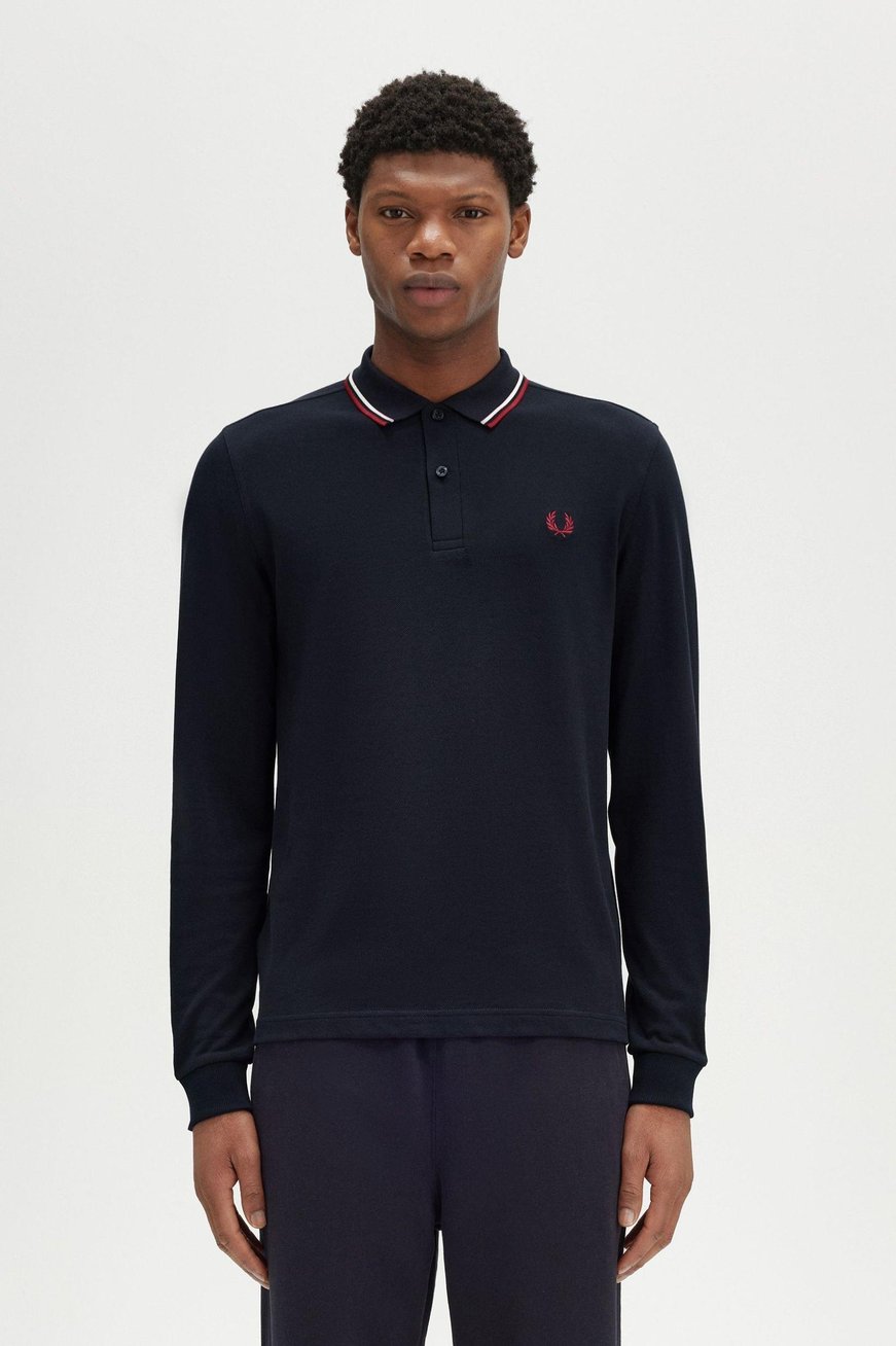 Fred Perry Fred Perry Erkek Regular Fit %100 Pamuklu Yakası Çizgi Detaylı Uzun Kollu Lacivert Polo Yaka T-Shirt M3636-T55