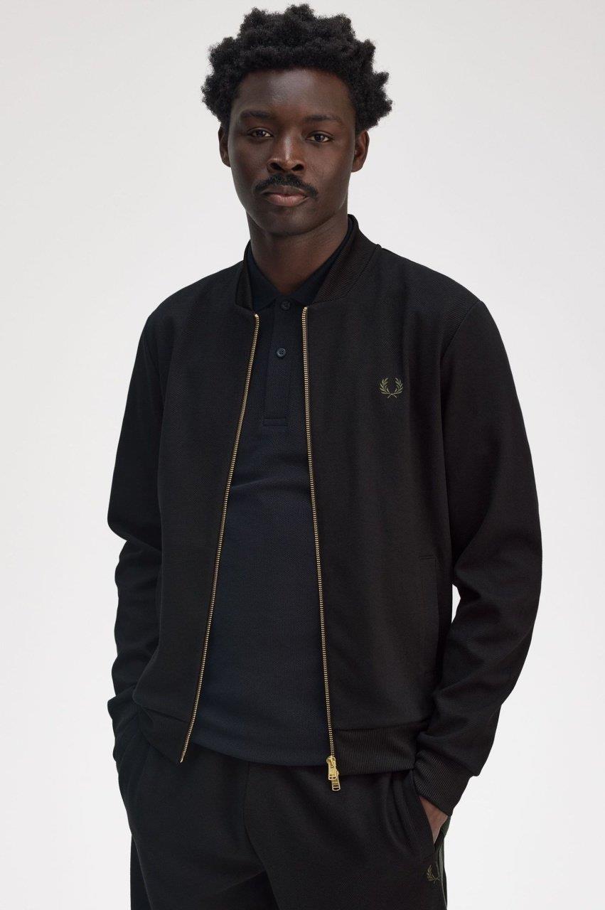 Fred Perry Fred Perry Erkek Regular Fit Pamuklu Yan Şerit Çizgili Bomber Yaka Uzun Kollu Siyah Ceket J9046-102