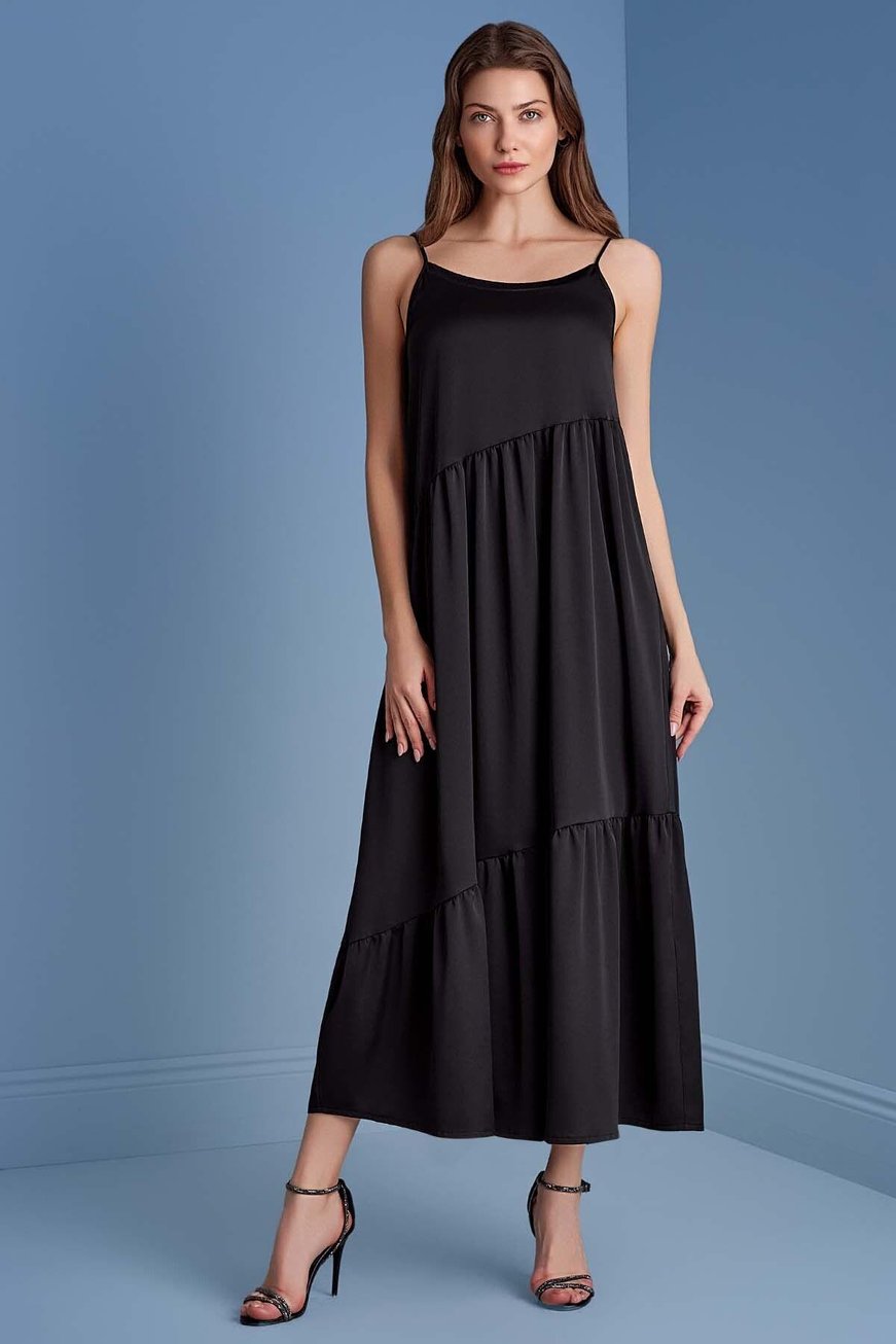 Guitar Guıtar Kadın İp Askılı Rahat Kumaş Bol Kalıp Midi Boy Siyah Elbise 25074-DRESS-10