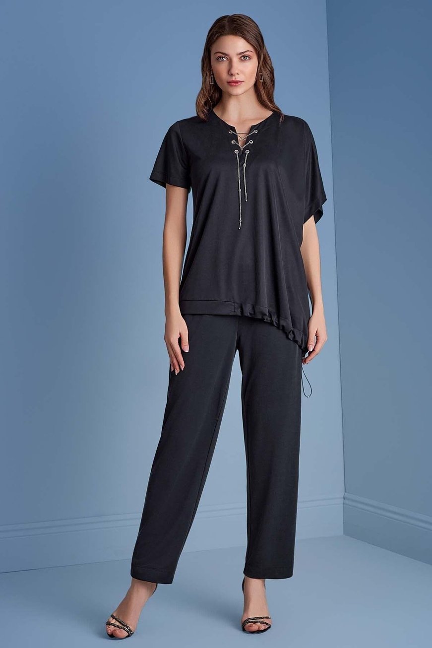 Guitar Guıtar Kadın Rahat Kalıp İp Bağlamalı V Yaka Beli Büzgülü Kısa Kollu Siyah Bluz 25081-BLOUSE-010
