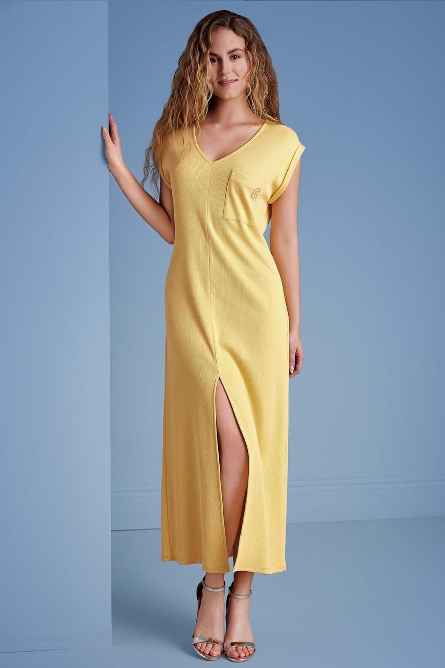 Guitar Guıtar Kadın V Yaka Kısa Kollu Mini Yırtmaç Detaylı Sarı Elbise 25025-DRESS-021