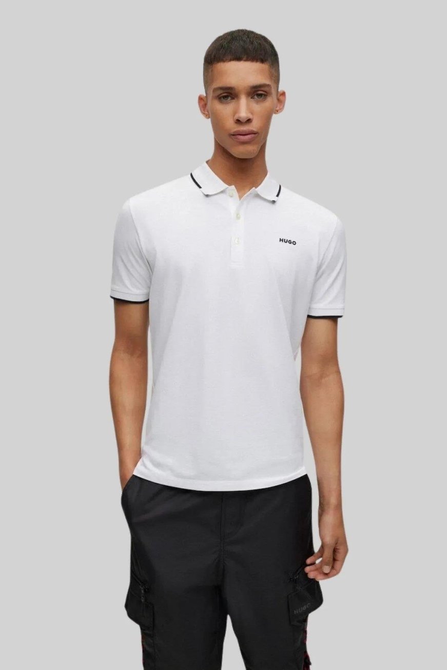 HUGO HUGO Erkek Kısa Kol  Polo Yaka Yaka Ve Kol Uçları Renkli Şerit Kapama Beyaz Polo Yaka T-Shirt 50467344-100