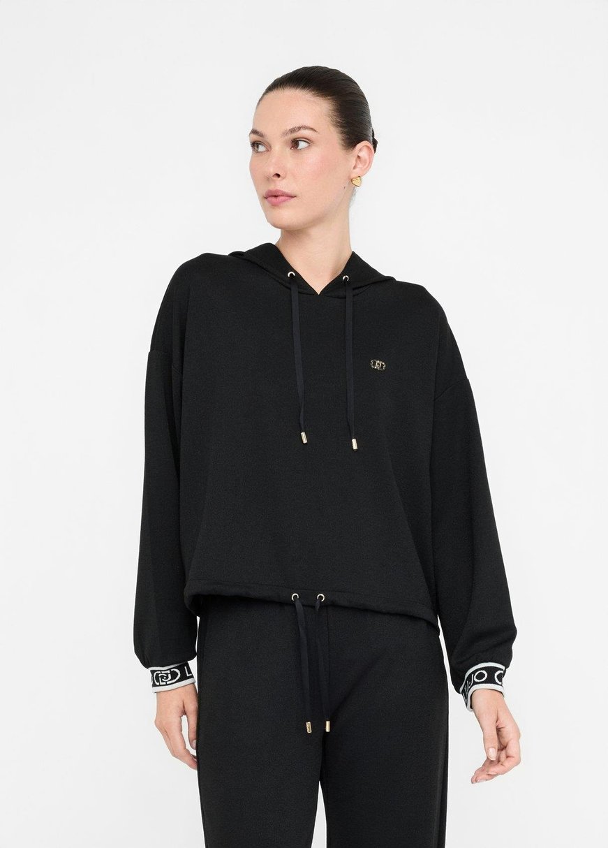 LIU JO Lıu Jo Kadın Düşük Omuzlu Normal Kalıp Beli İp Bağlamalı Kapüşonlu Uzun Kollu Siyah Sweatshirt TF5285J4747-R9342