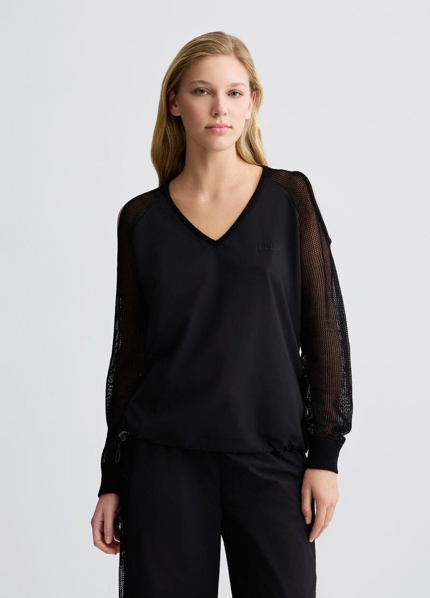 LIU JO Lıu Jo Kadın Normal Kalıp Beli Lastikli V Yaka Omzu Açık Kolları Tül Detaylı Siyah Sweatshirt TA5070T2900-22222