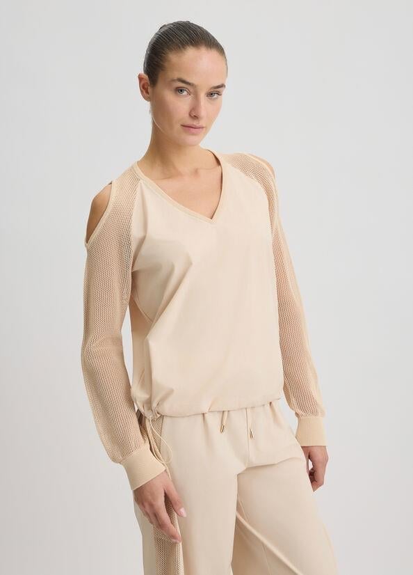 LIU JO Lıu Jo Kadın Normal Kalıp Beli Lastikli V Yaka Omzu Açık Kolları Tül Detaylı Bej Sweatshirt TA5070T2900-41209