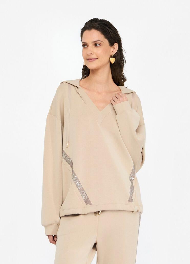 LIU JO Lıu Jo Kadın Normal Kalıp Kapüşonlu V Yaka Logo Şeritli Uzun Kollu Bej Sweatshirt TF5091J4616-60906