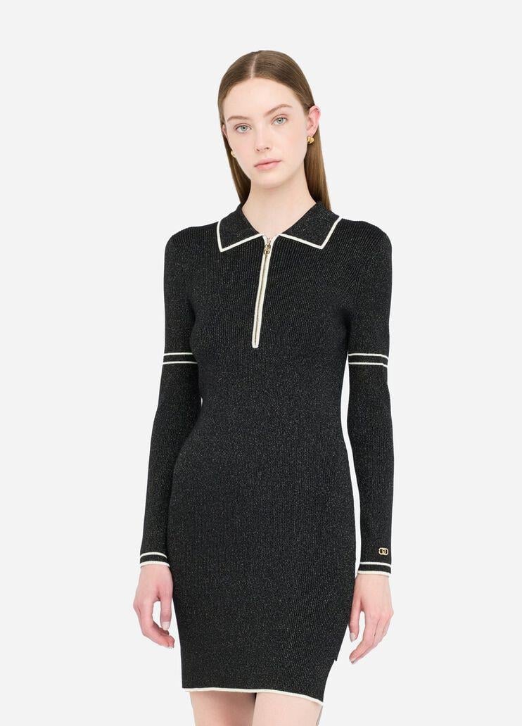 LIU JO Lıu Jo Kadın Slim Fit Yarım Fermuarlı Polo Yaka Uzun Kollu Örme Siyah Elbise TF5028MS49I-A4345