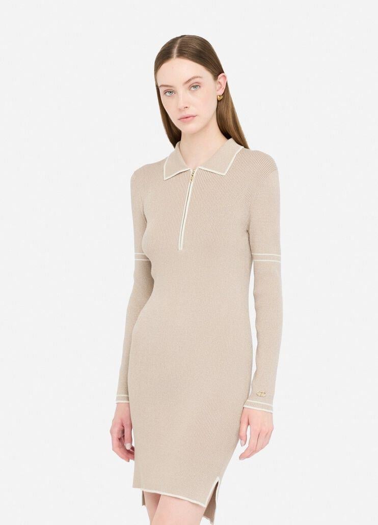LIU JO Lıu Jo Kadın Slim Fit Yarım Fermuarlı Polo Yaka Uzun Kollu Örme Bej Elbise TF5028MS49I-A4344