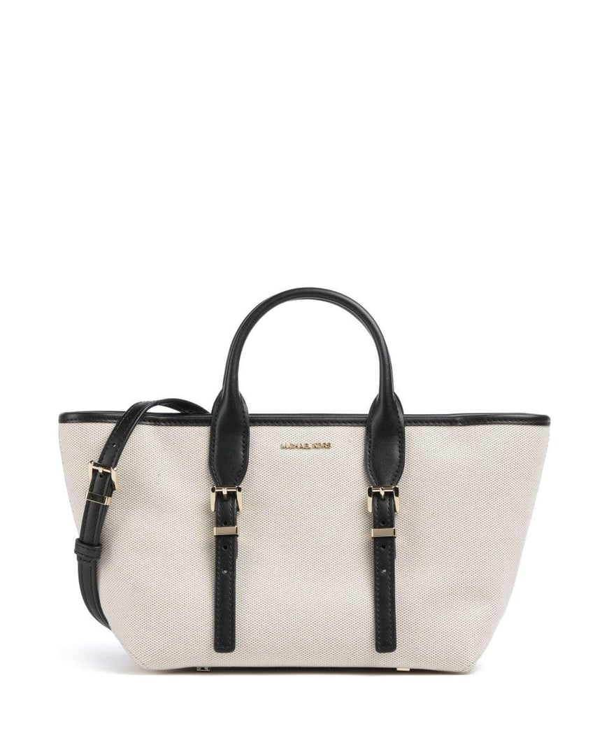 Michael Kors Michael Kors Kadın Çıkarılabilir ve Ayarlanabilir Omuz Askılı Ekstra İç Bölmeli Metalik Logo Kabartmalı Bej-Siyah Omuz Çantası 30S5G9OS1C-BLACK