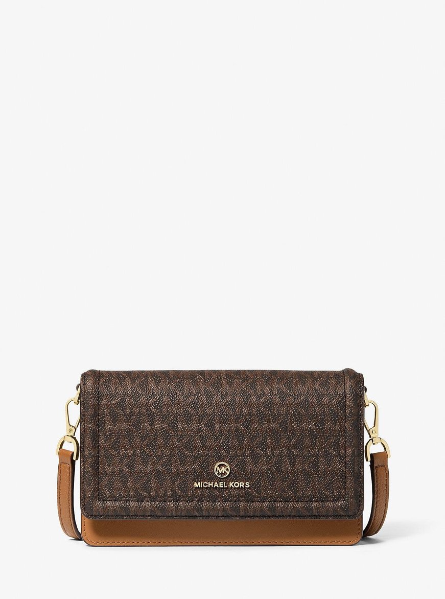 Michael Kors Michael Kors Kadın Metalik Kabartmalı Logo Desenli Kart Bölmeli Çıtçıt Kapamalı Fermuar Cepli %100 Deri Kahverengi Omuz Çantası 32S1GT9C2B-BRNACORN