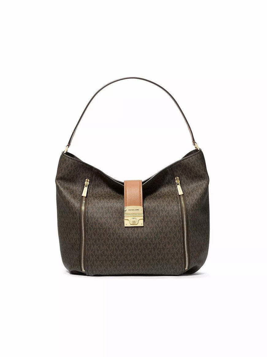 Michael Kors Michael Kors Kadın MK Yazılı Geniş Fermuar Kapama Deri Kahverengi Omuz Çantası 30S5G9XH3O-BRNACORN