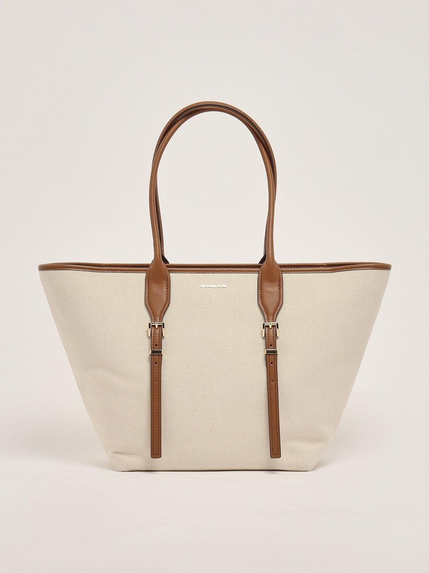 Michael Kors Michael Kors Kadın Pamuklu Kanvas Tote Deri Sap Bej Omuz Çantası 30S5G9OT7C-LUGGAGE