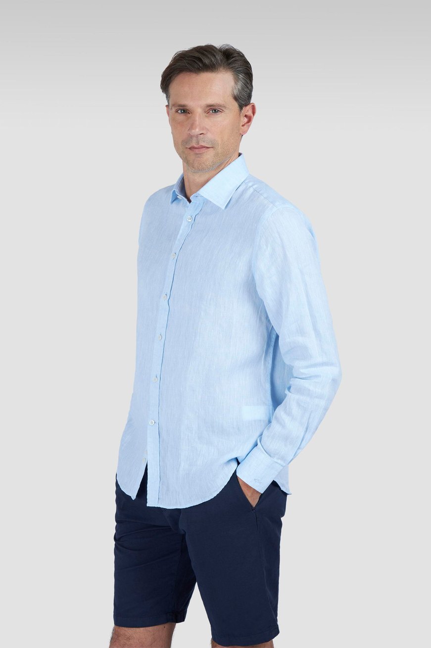 Paul Shark Paul Shark Erkek Normal Kalıp %100 Keten Düz Uzun Kollu Mavi Gömlek 25413006CF-364